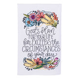 Floral embroidered tea towel featuring “God’s Plan” inspirational quote in bright, faith-inspired colors.