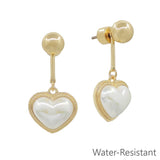 Gold beaded stud earrings with pearl heart drop, elegant and lightweight.
