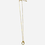 Gold charm necklace with textured chain and front-facing circular clasp