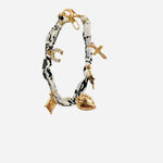 Silk wrap bracelet with gold accents and five assorted gold charms.