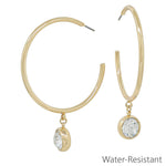 2-inch gold hoop earrings with circle crystal drop, water resistant, lead and cadmium safe.