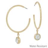 2-inch gold hoop earrings with circle crystal drop, water resistant, lead and cadmium safe.