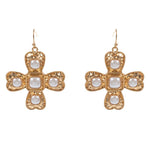 Gold filigree dangle earrings with pearl drop detail measuring 1.75 inches in elegant design