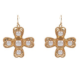 Gold filigree dangle earrings with pearl drop detail measuring 1.75 inches in elegant design