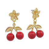 Gold flower stud earrings with cherry drop detail, playful charm, lead and cadmium safe.