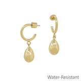 Gold huggie hoop earrings with smooth teardrop dangles, water resistant and lead and cadmium safe.