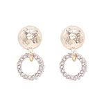 Hammered gold stud earrings with rhinestone circle dangles, 1 inch length.