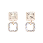 Gold 1" dangle earrings with rhinestone square drop, lead, cadmium, and nickel compliant.