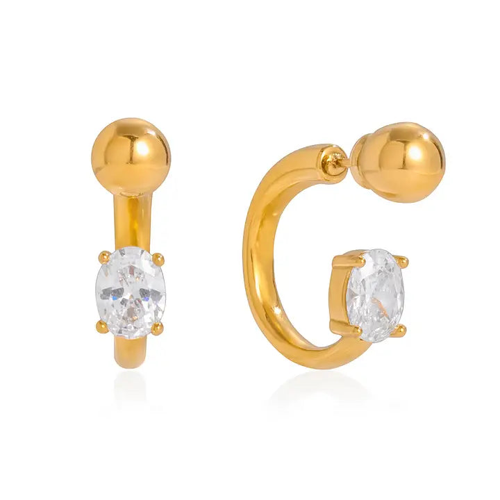Gold wrap style stud earrings with oval cubic zirconia stone