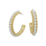 Gold textured 1 inch hoop earrings with pearl accents.
