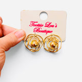 14K gold-dipped wire rose stud earrings with looping petals and polished gold bead centers.