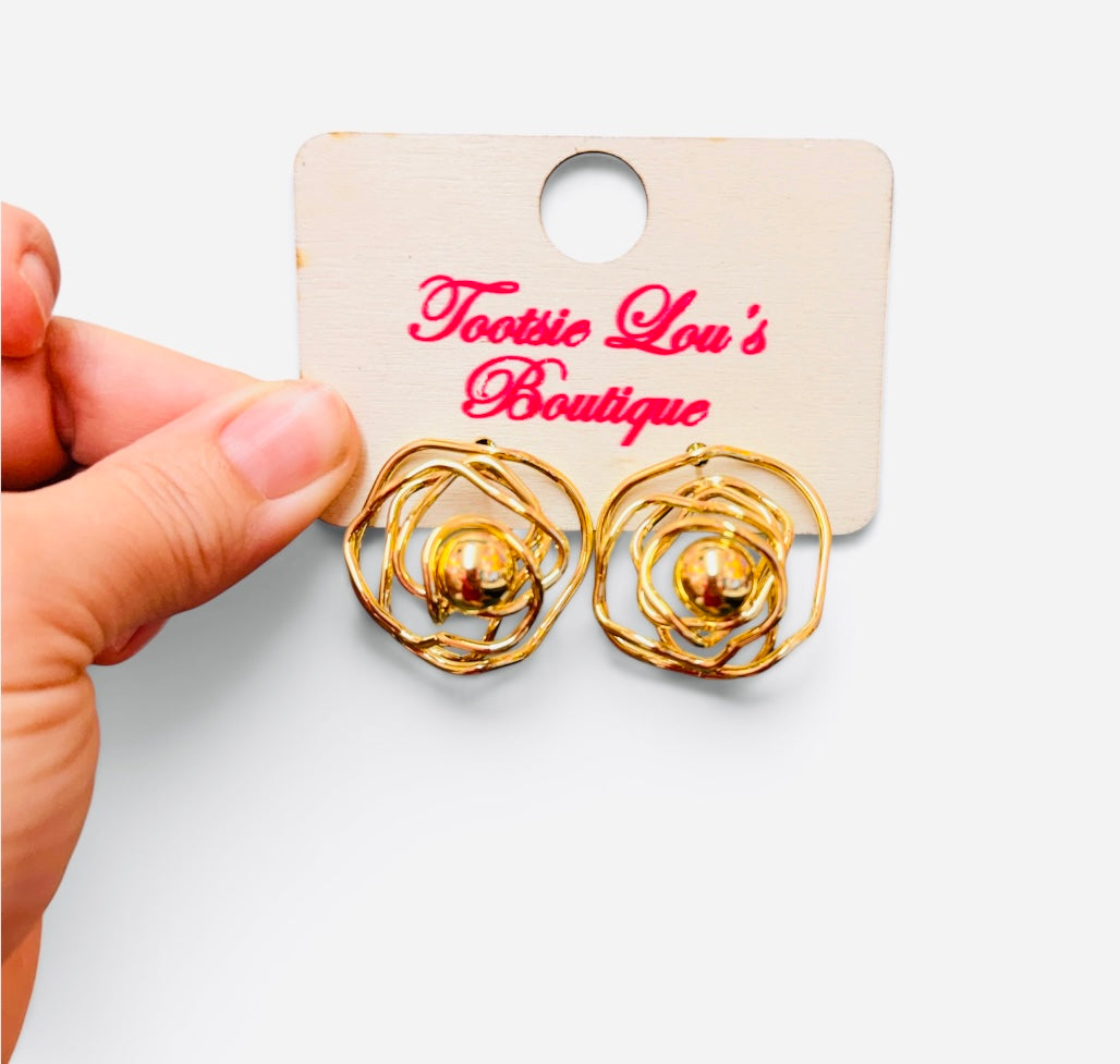 14K gold-dipped wire rose stud earrings with looping petals and polished gold bead centers.