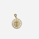 Gold cross medallion scarf charm with pavé crystals and sparkling crystal halo