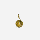 Gold tone fleur-de-lis medallion charm with clear crystal center and gold clasp