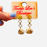 Gold drop earrings with textured studs geometric links and shell charms