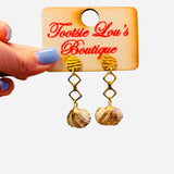 Gold drop earrings with textured studs geometric links and shell charms
