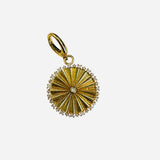 Gold sunburst scarf charm with central clear crystal and delicate crystal trim