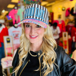 Striped hat with pastel smiley brim and raised blue “Good Day” embroidery