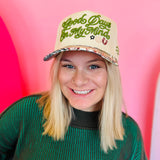 Cream-colored snapback hat with embroidered "Good Days On Mind" and colorful icons for a fun, positive vibe.