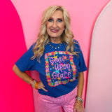 Royal blue Grace Upon Grace graphic tee with colorful stars and bows.