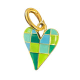 Green checkered heart charm with gold setting clips onto scarves or necklaces.