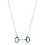 Gold horsebit necklace with green enamel pendant on adjustable chain