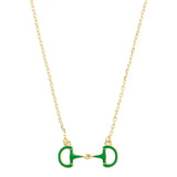 Gold horsebit necklace with green enamel pendant on adjustable chain