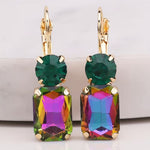 Green multi-tone rectangle rhinestone earrings with round topper and fish hook dangle.