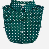Green detachable collar with white polka dot pattern.