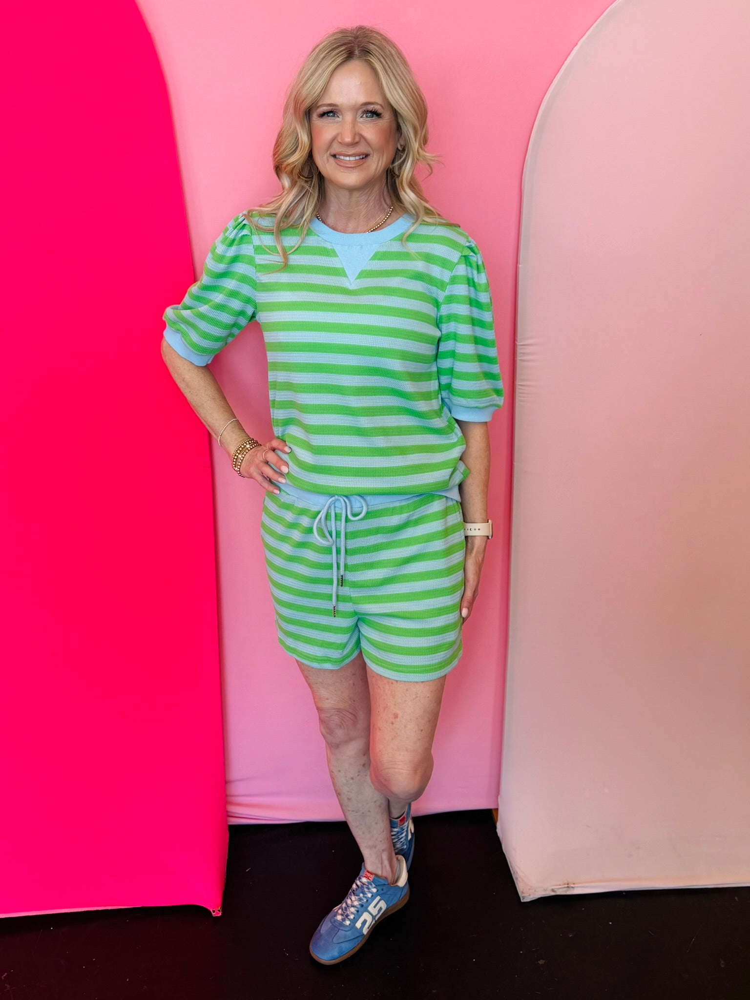 Green and blue striped puff sleeve lounge set with drawstring shorts and lightweight stretch fabric