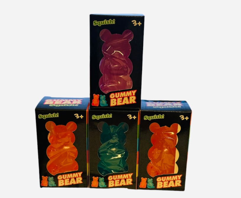 Colorful gummy bear squishy stress toy in assorted colors.