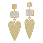 Hammered heart drop earrings with clear rectangle stone and elegant 2-inch length.