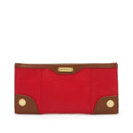 Hammitt 110 North red and saddle brown pebbled leather wallet with antique gold hardware.