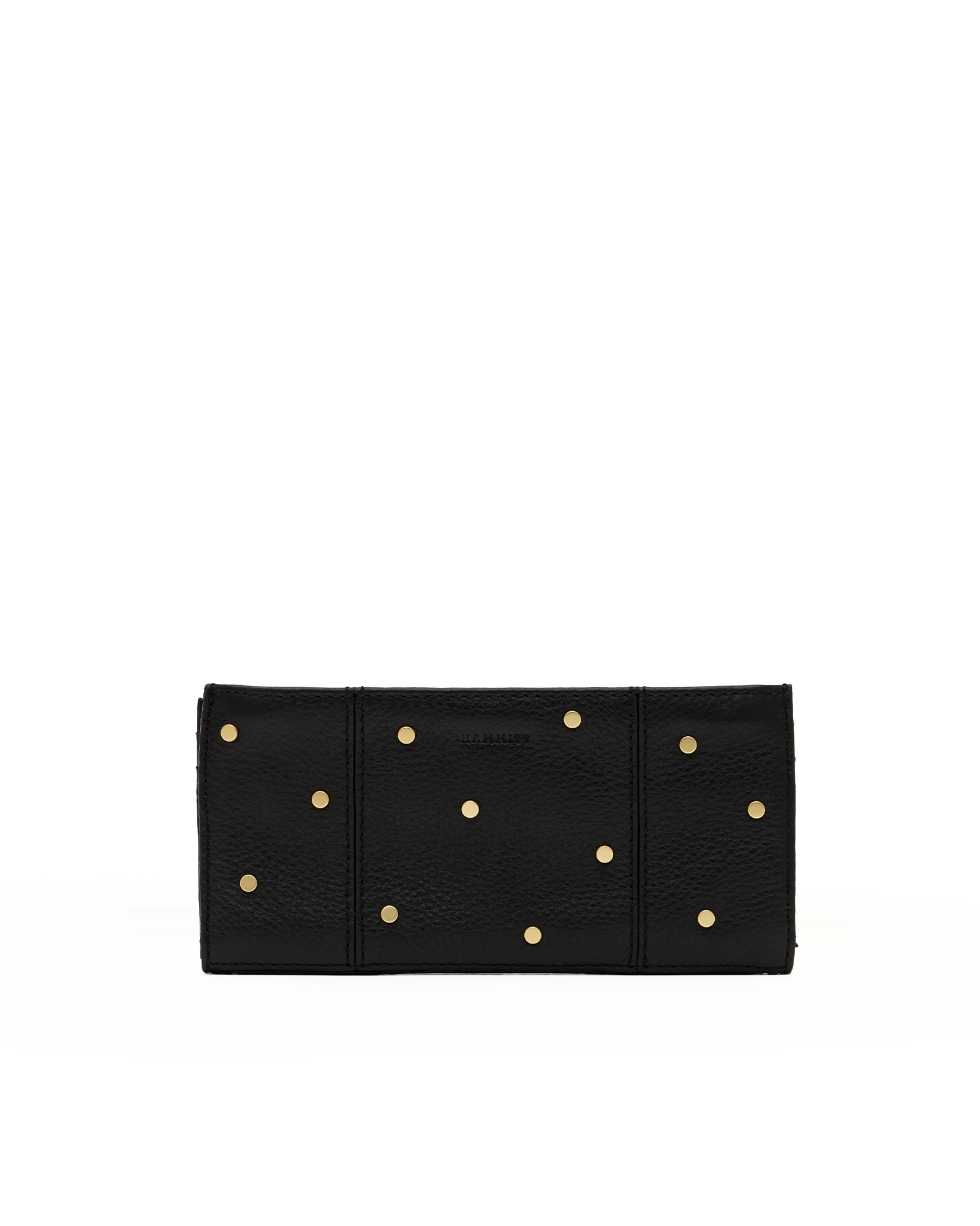 Hammitt 110 North Starlight black leather wallet with mini rivets and brushed gold hardware.