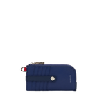 Hammitt 210 East denim blue leather wallet with navy panels and silver hardware.