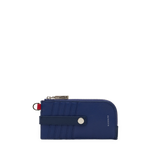 Hammitt 210 East denim blue leather wallet with navy panels and silver hardware.