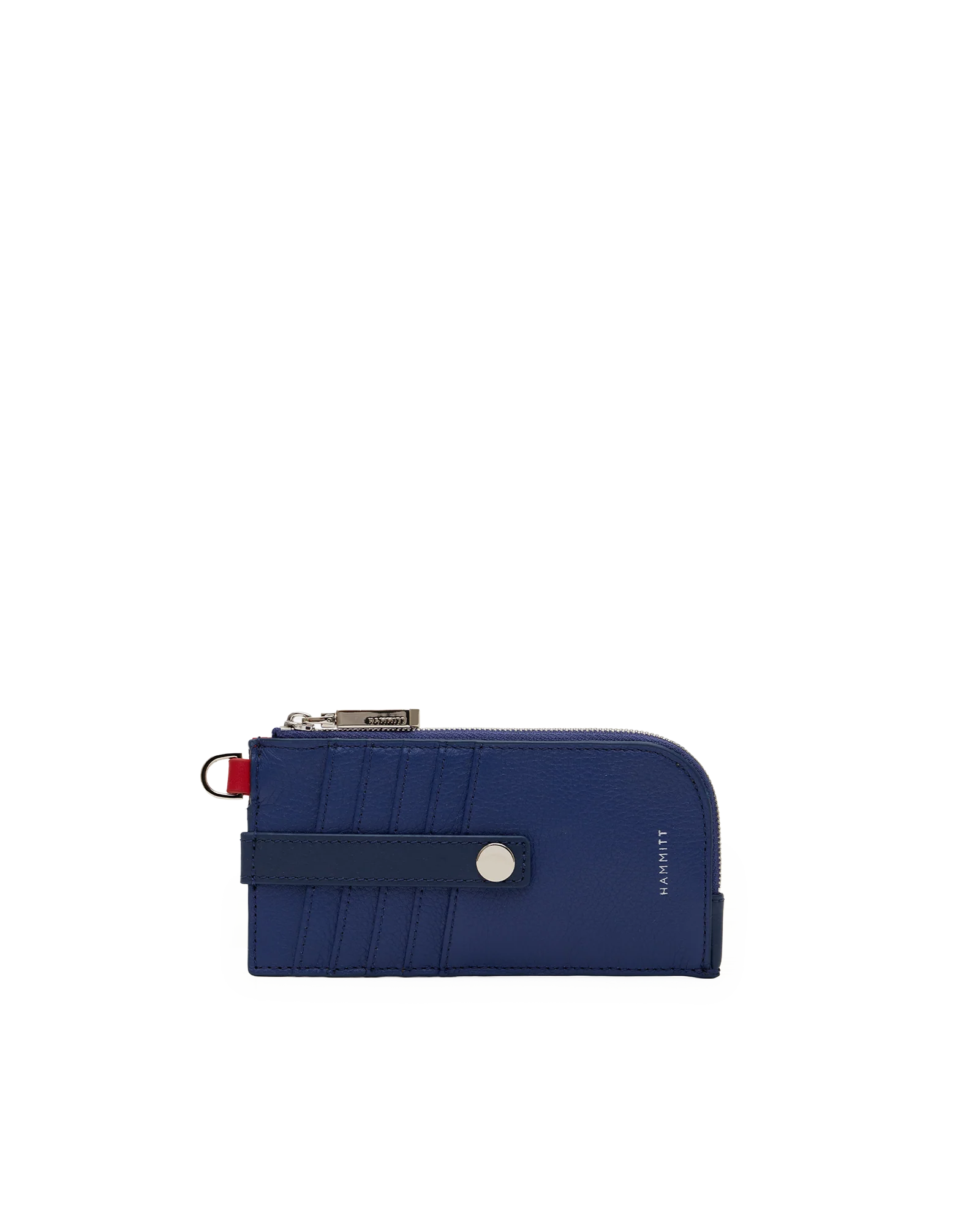 Hammitt 210 East denim blue leather wallet with navy panels and silver hardware.