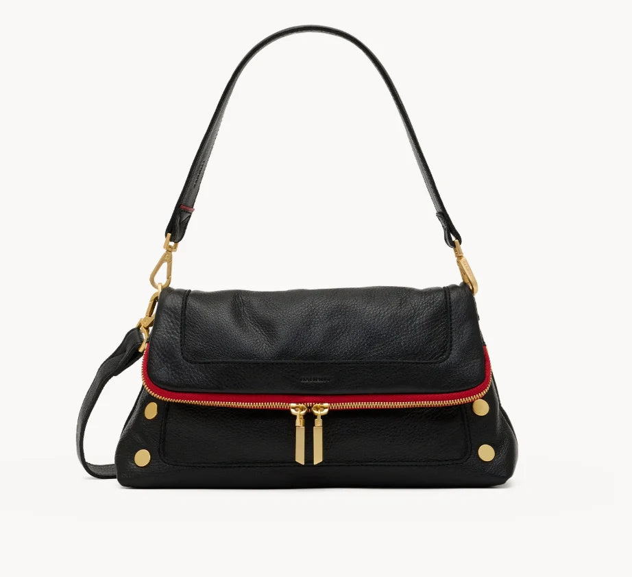 Hammitt Beverly Med black pebbled leather handbag with gold hardware and detachable straps.