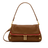Mahogany pebbled leather Hammitt handbag with brushed gold hardware and red zipper.