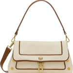Cream and mahogany leather Hammitt handbag with antique gold hardware and crossbody strap.