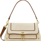 Cream and mahogany leather Hammitt handbag with antique gold hardware and crossbody strap.