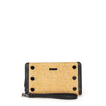 Black leather and raffia wallet with wristlet and card slots