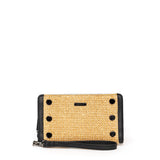 Black leather and raffia wallet with wristlet and card slots