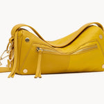 Hammitt Doxie Med handbag in two-tone yellow pebbled leather with shiny gold hardware.