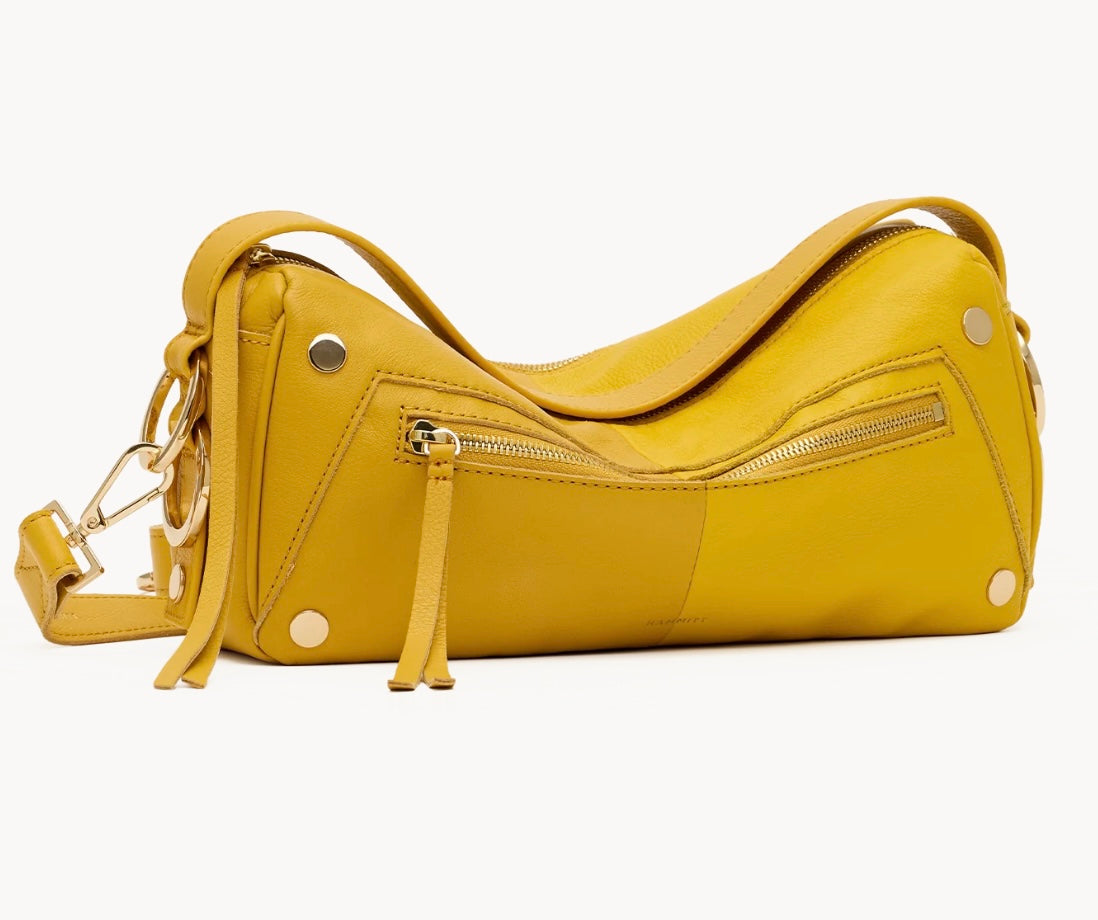 Hammitt Doxie Med handbag in two-tone yellow pebbled leather with shiny gold hardware.