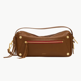 Mahogany pebbled leather Hammitt handbag with brushed gold hardware and red zipper.