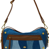 Hammitt Doxie Medium handbag with mixed denim, mahogany leather trim, and antique gold hardware.