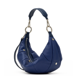 Hammitt Erica Med denim blue leather handbag with navy panels and silver hardware.