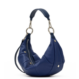 Hammitt Erica Med denim blue leather handbag with navy panels and silver hardware.