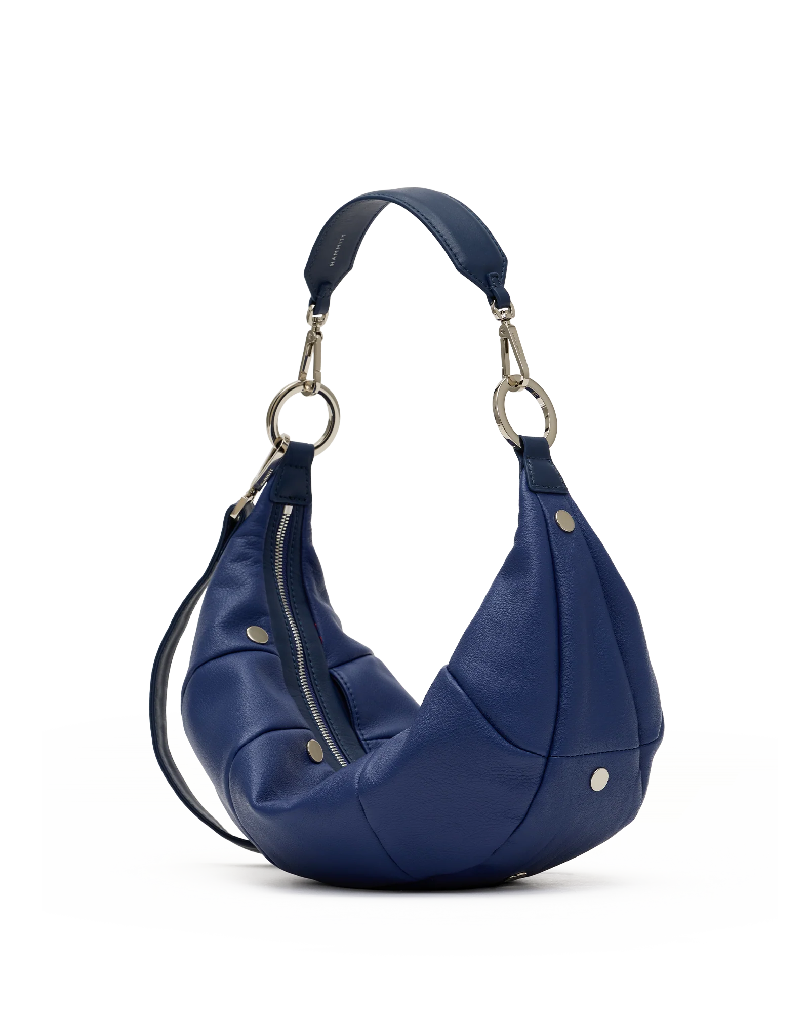 Hammitt Erica Med denim blue leather handbag with navy panels and silver hardware.
